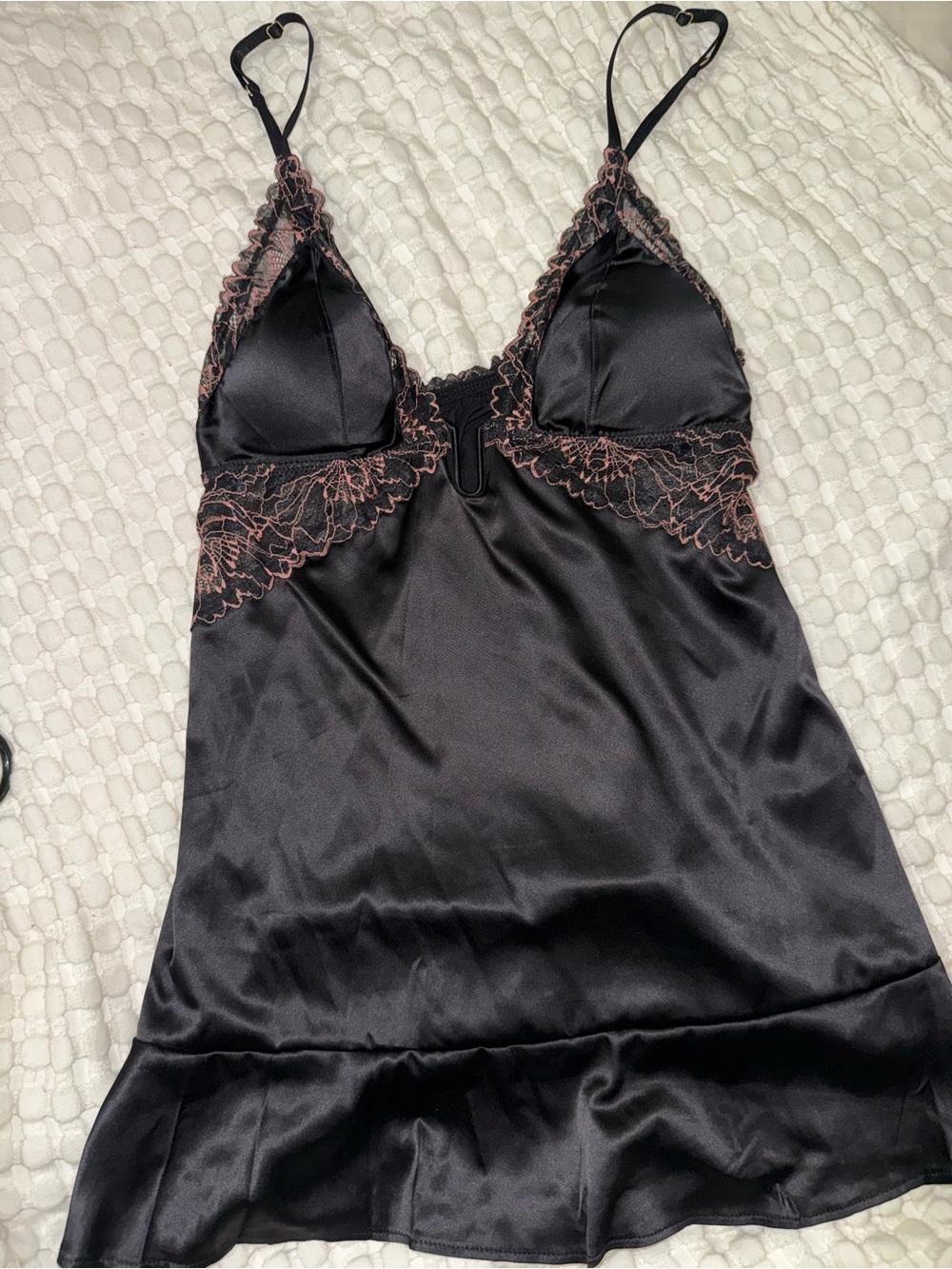 Auden Black Satin Slip with Pink Lace Trim